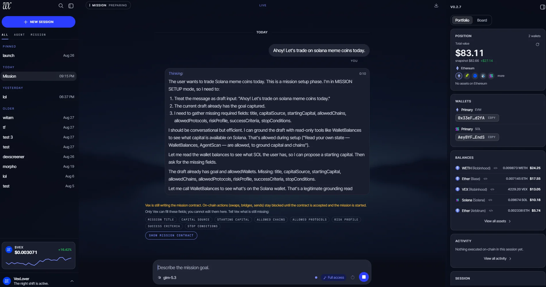 Original Project VEX desktop screenshot showing a mission conversation and the local wallet sidebar.
