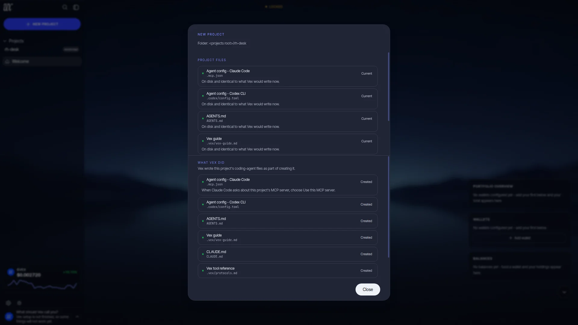 The install report pinned inside the New project dialog after Create: What Vex did and Project files, one row per written artifact with its state