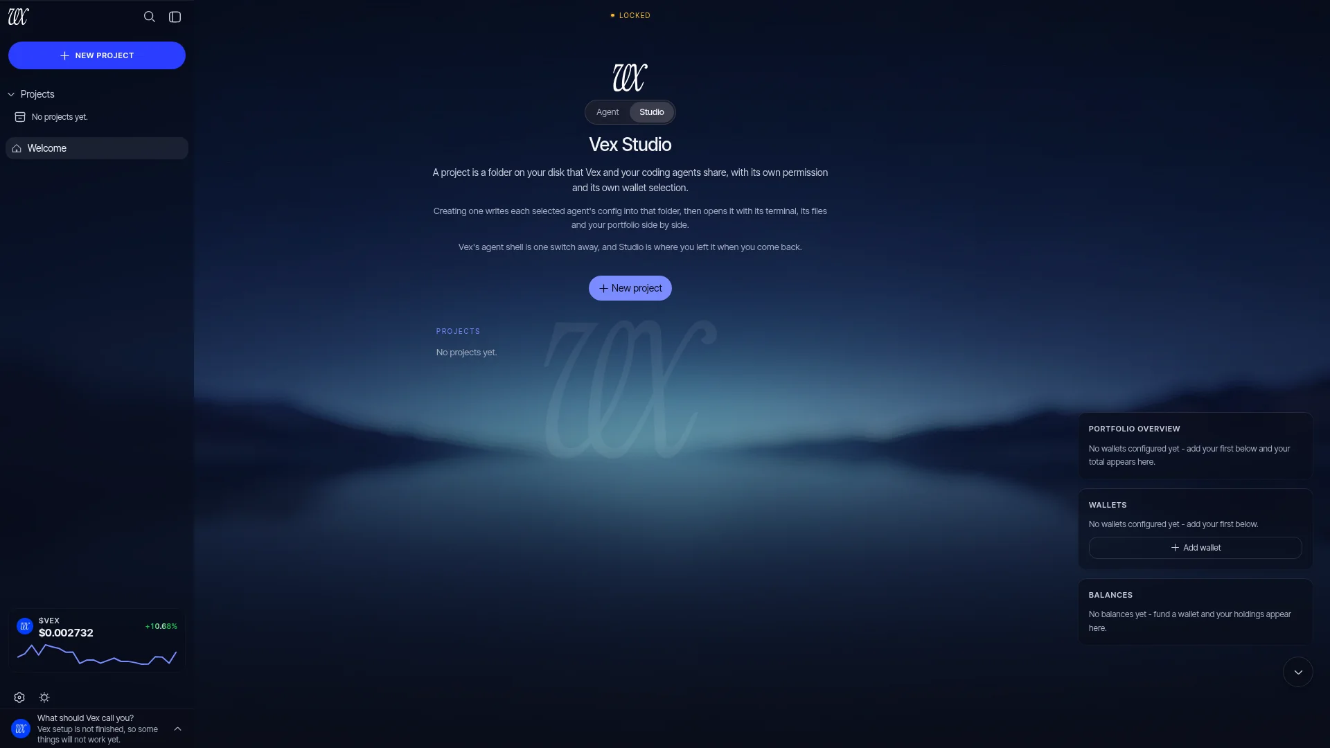 The Studio welcome screen: the Agent | Studio capsule, a one-paragraph explanation of what a project is, a New project button and the recent projects list